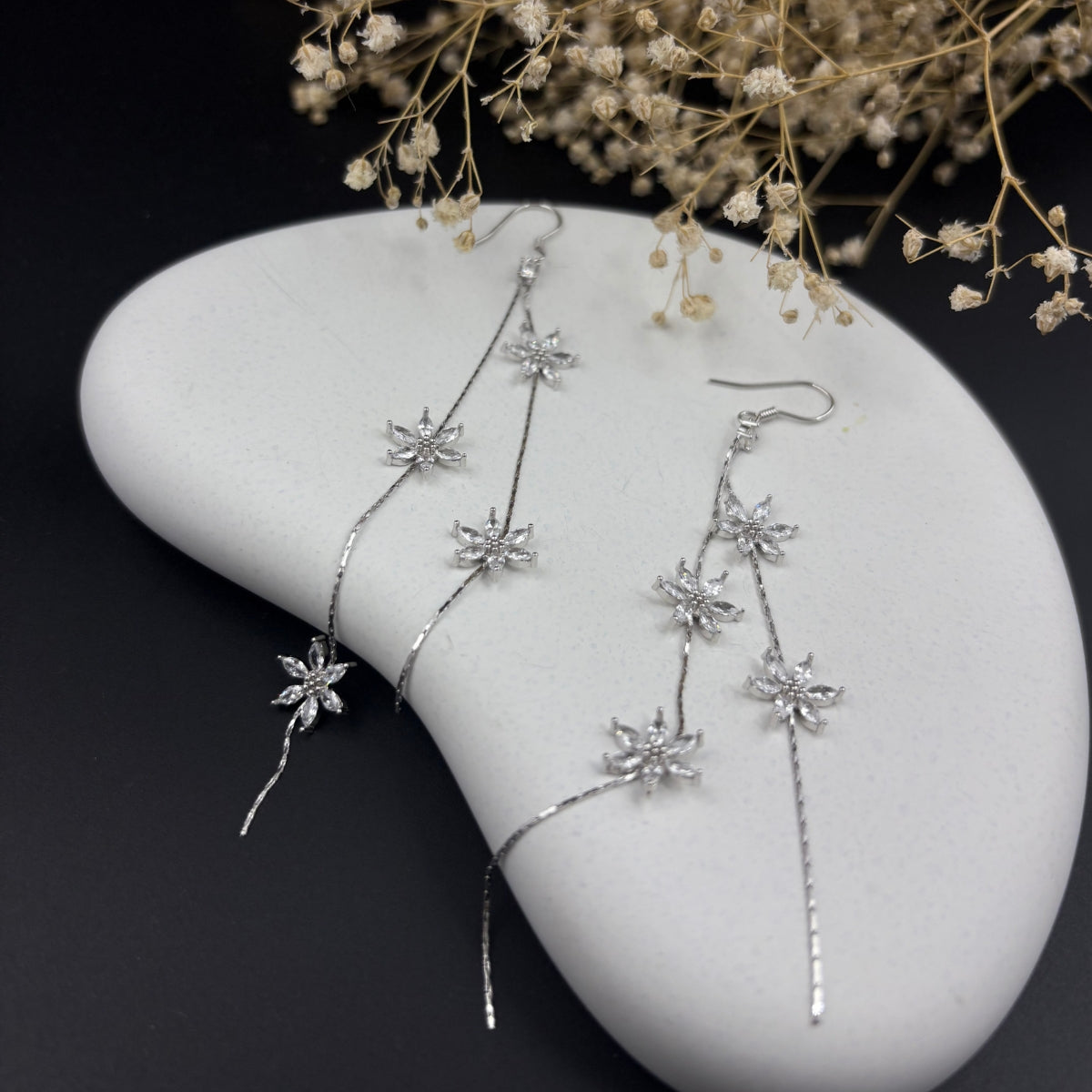 White Petal Cascade Earrings | 925 Silver