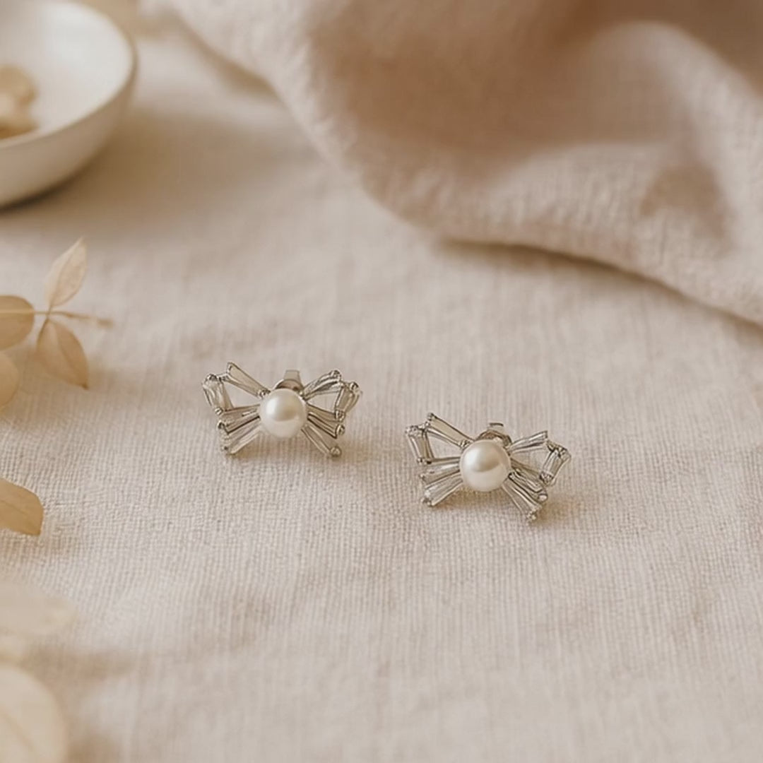 Pearl-Tied Sparkling Bow Stud Set Earrings | 925 Silver