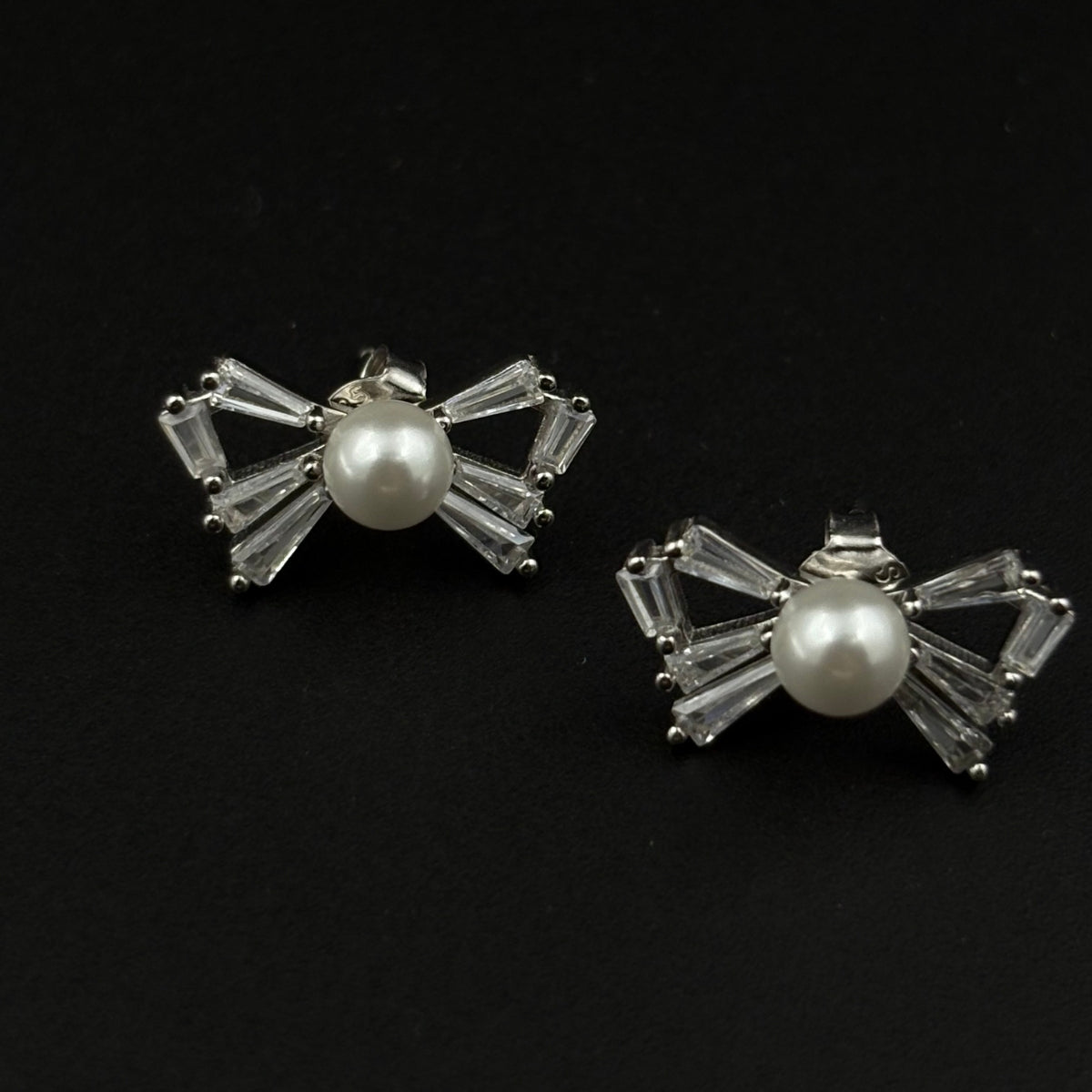 Pearl-Tied Sparkling Bow Stud Set Earrings | 925 Silver