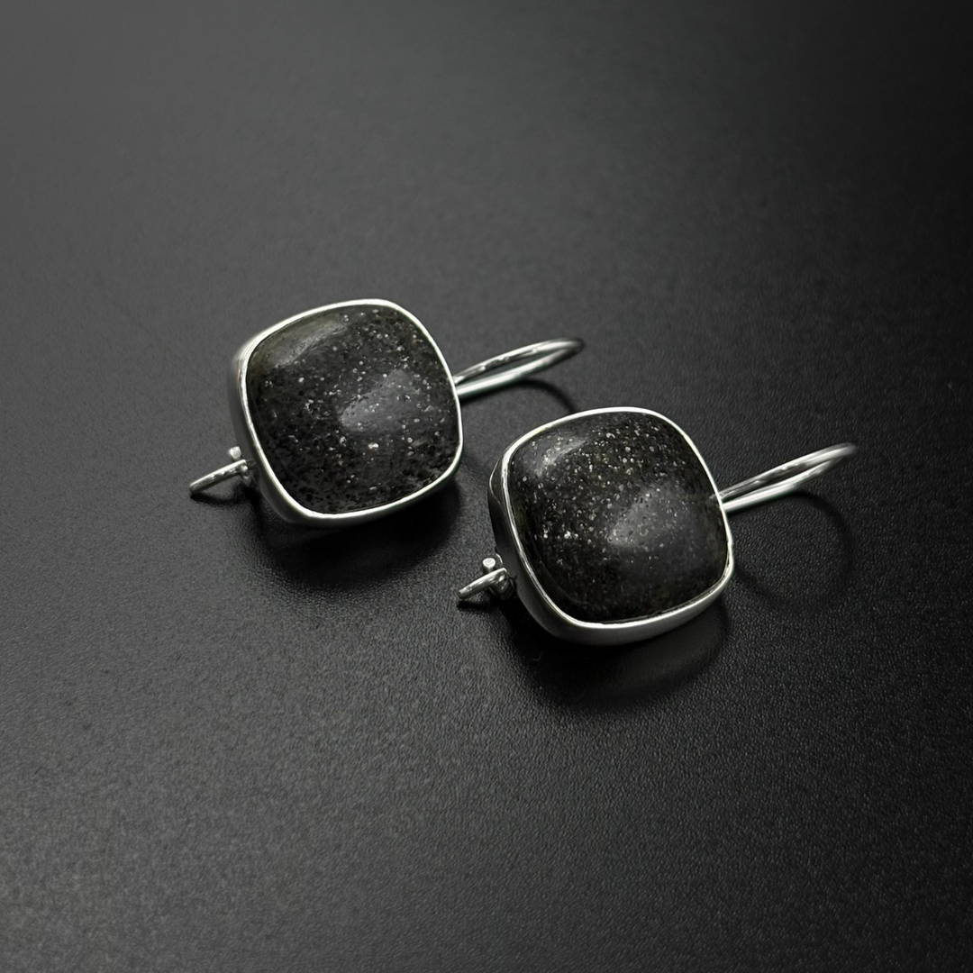 Black Stone Cushion Drop Earrings | 925 Silver