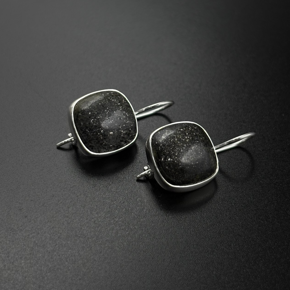 Black Stone Cushion Drop Earrings | 925 Silver