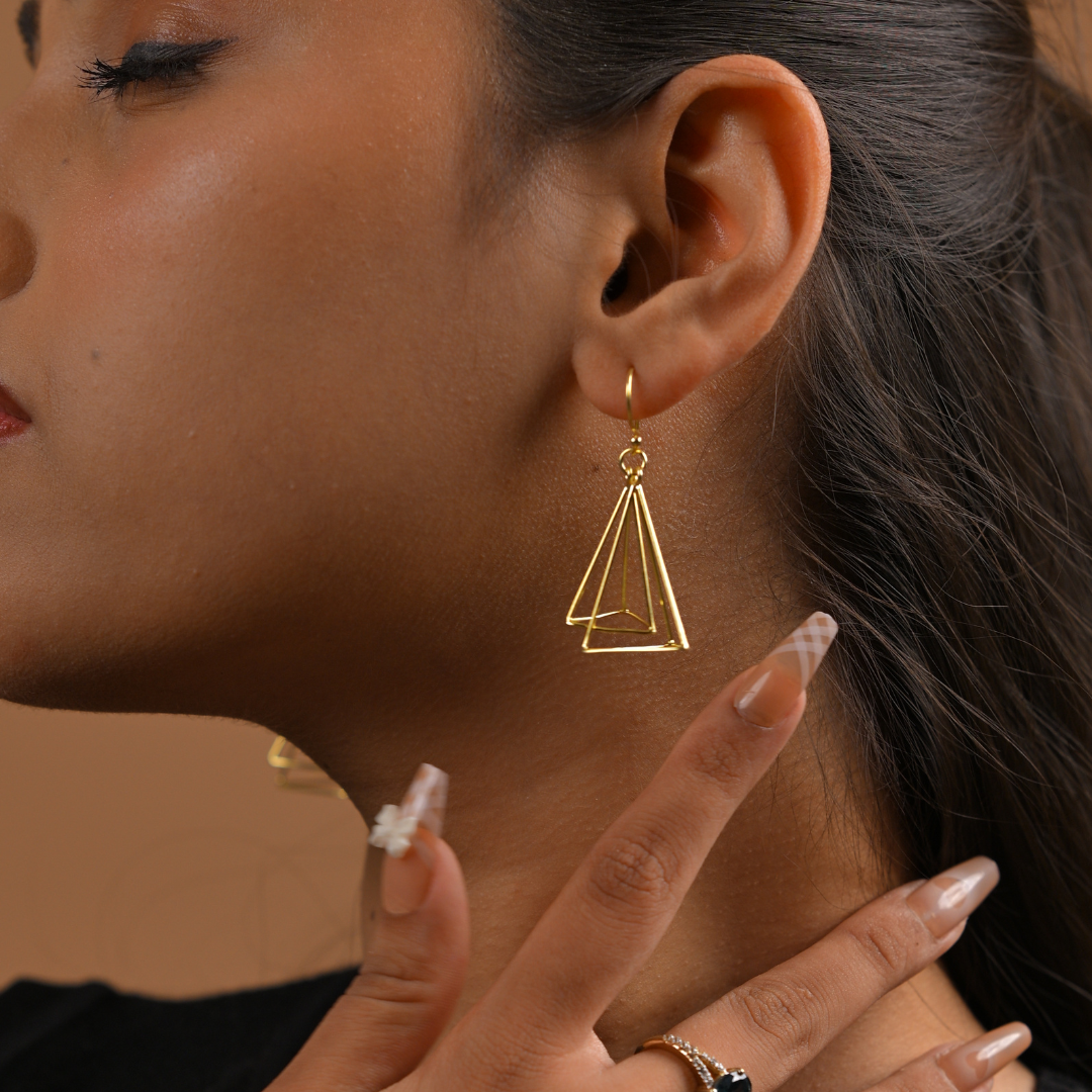 Golden Geometric Layered Drop Earrings | 925 Silver