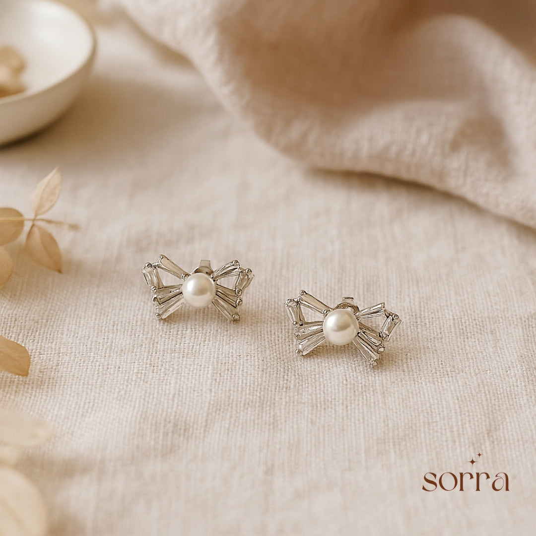 Pearl-Tied Sparkling Bow Stud Set Earrings | 925 Silver