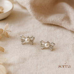 Pearl-Tied Sparkling Bow Stud Set Earrings | 925 Silver