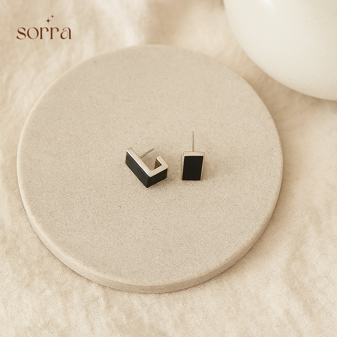 Black Edge Stud Earrings | 925 Silver