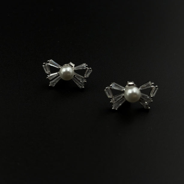 Pearl-Tied Sparkling Bow Stud Set Earrings | 925 Silver