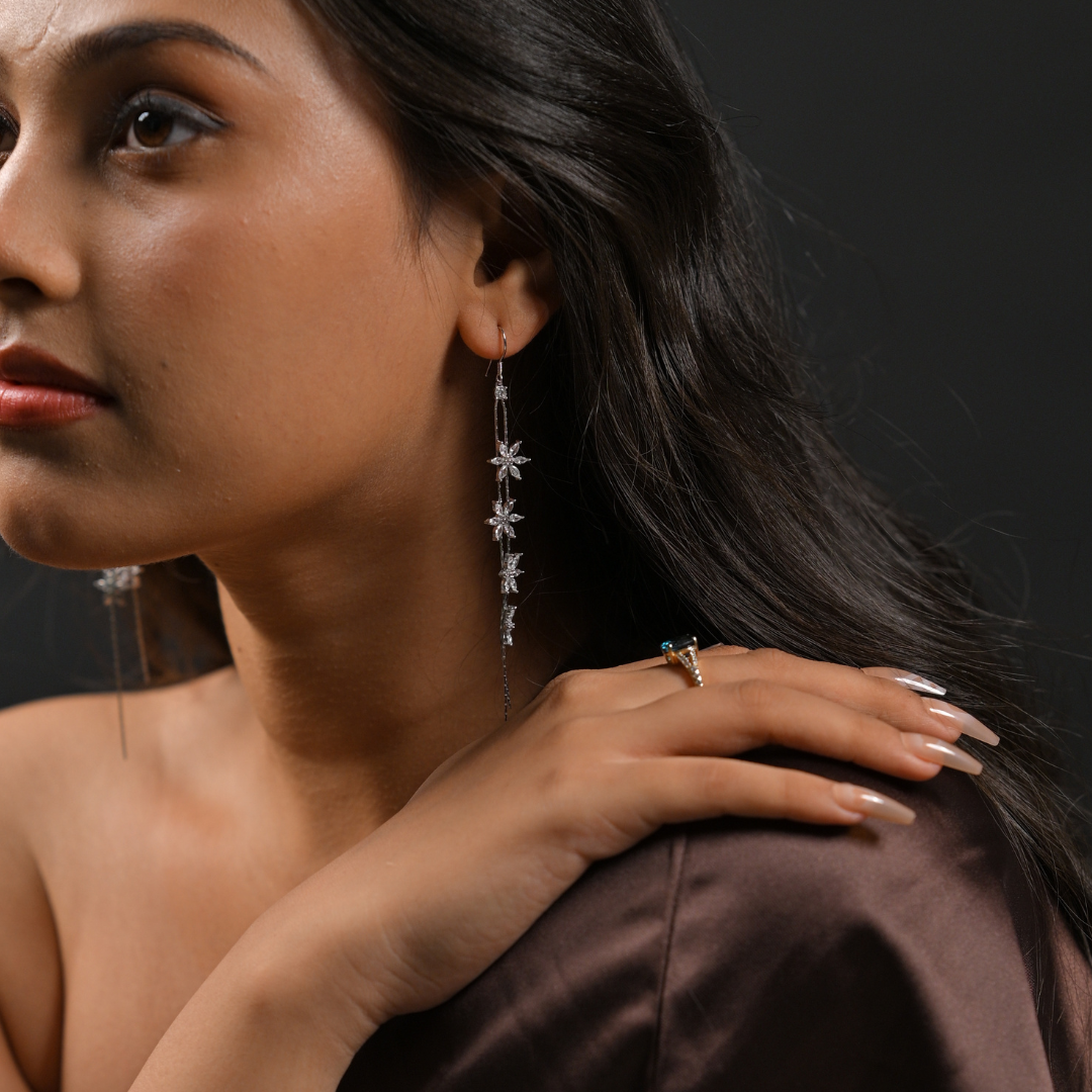 White Petal Cascade Earrings | 925 Silver