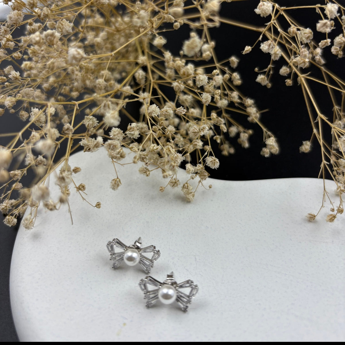 Pearl-Tied Sparkling Bow Stud Set Earrings | 925 Silver