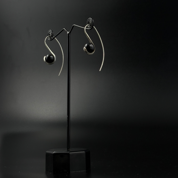Silver Curve Drop Earrings – Midnight Black | 925 Silver