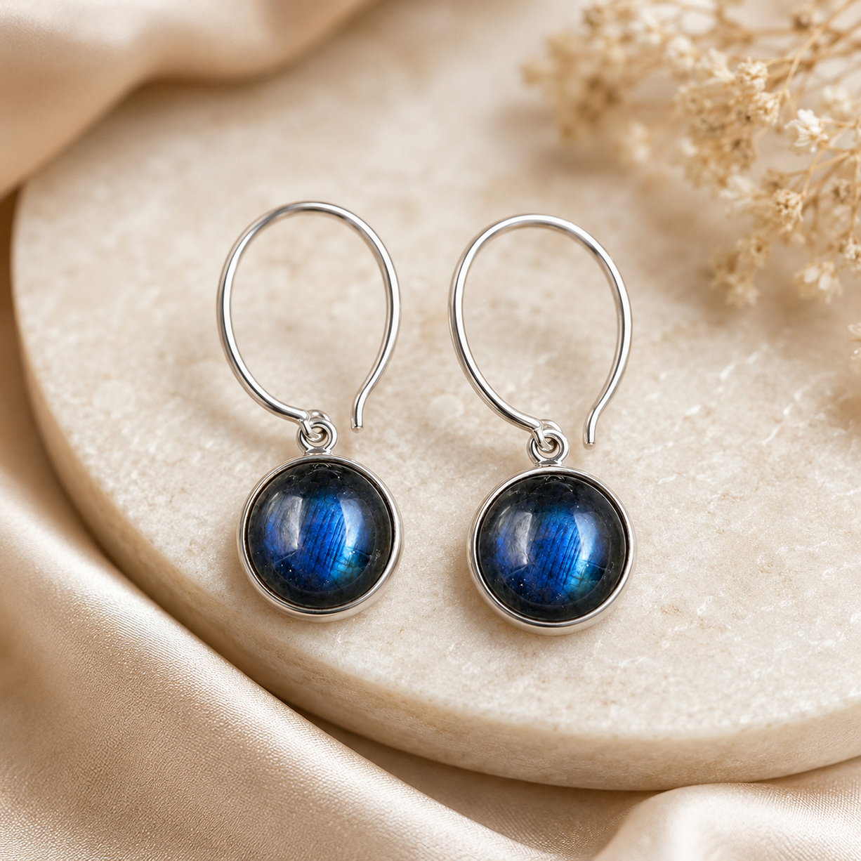 Blue Stone Round Drop Earrings | 925 Silver