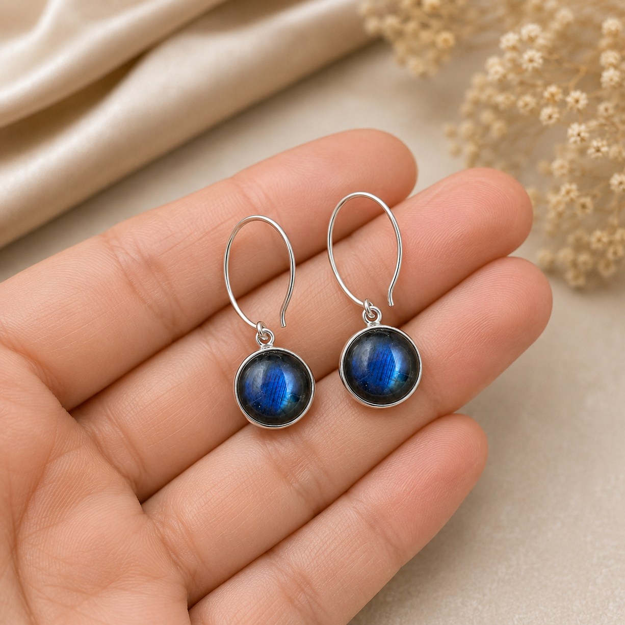Blue Stone Round Drop Earrings | 925 Silver