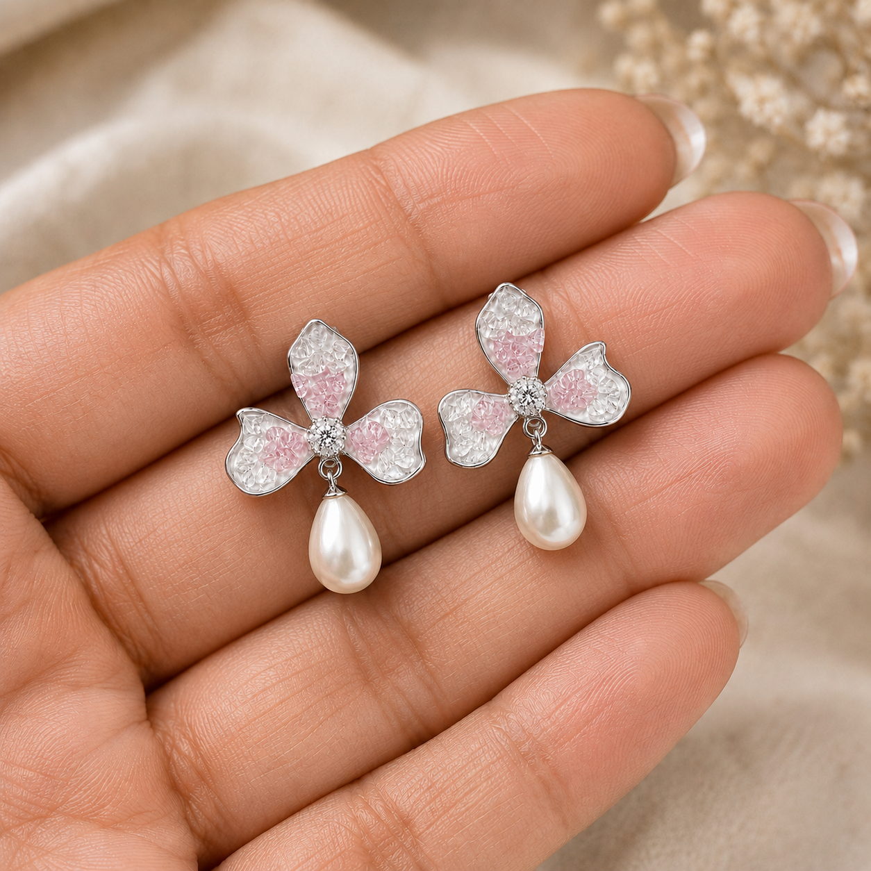 Blush Petal Pearls Earrings | 925 Silver