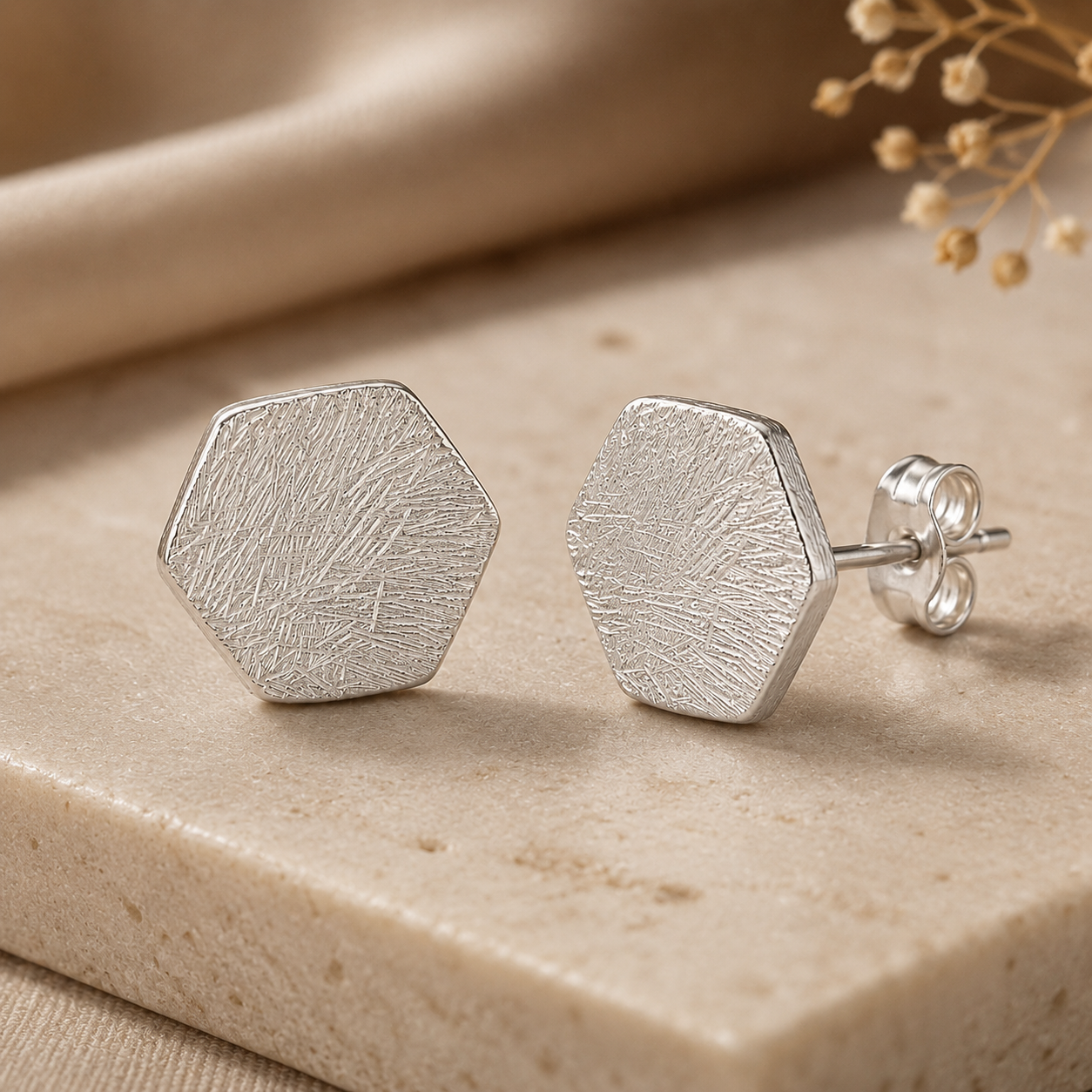 Brushed Hex Stud Earrings | 925 Silver