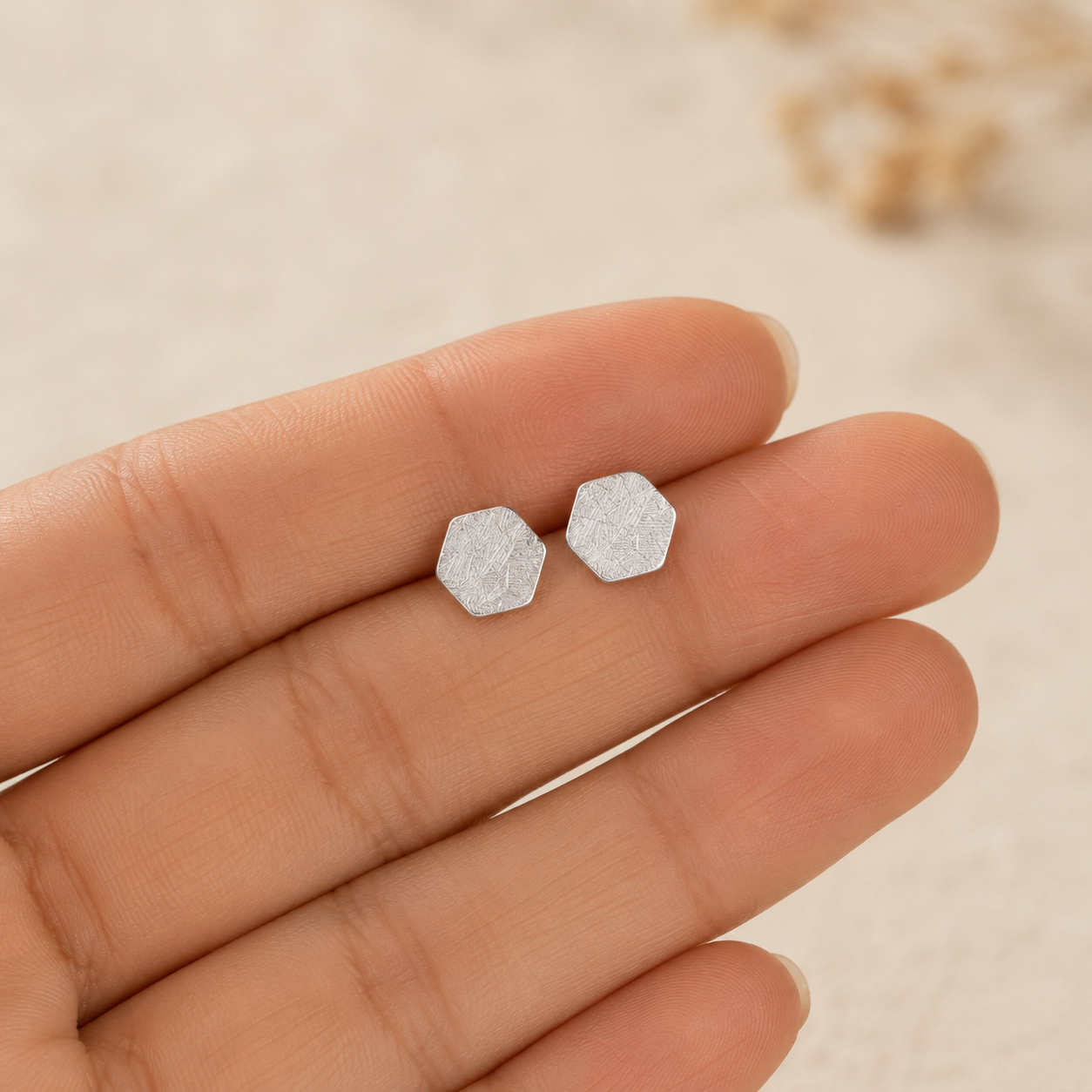 Brushed Hex Stud Earrings | 925 Silver