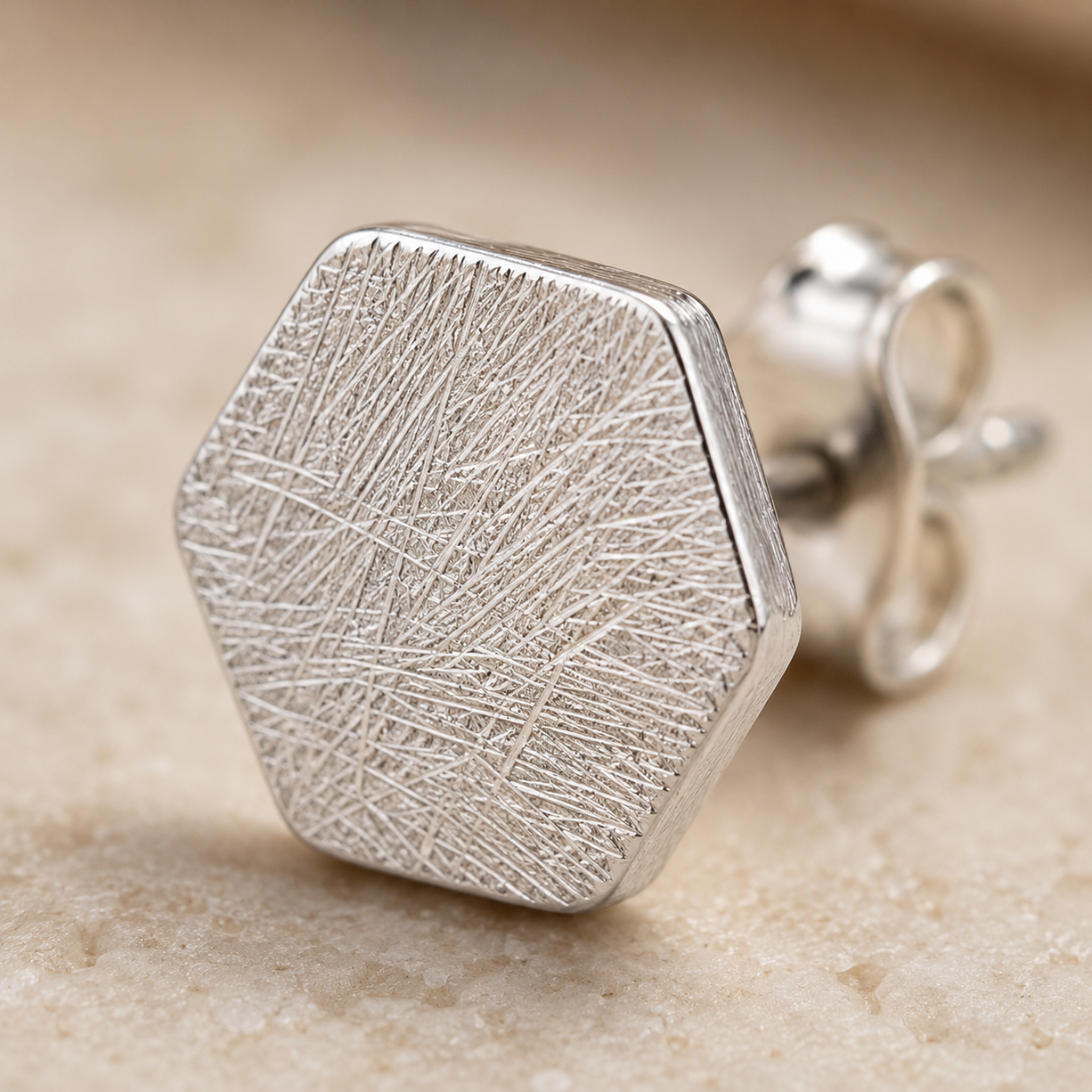 Brushed Hex Stud Earrings | 925 Silver