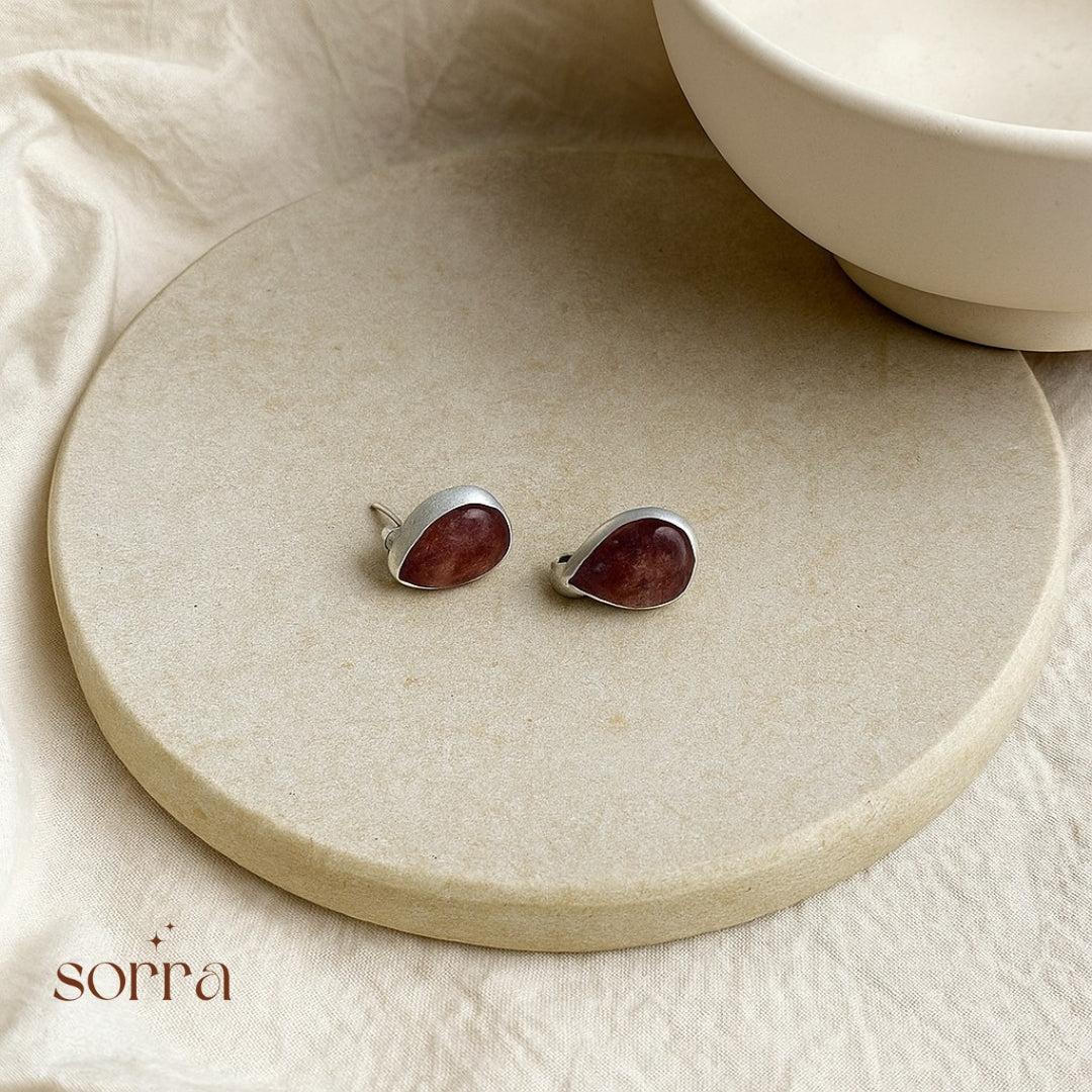 Pink STRAWBERRY Teardrop Stone Stud Earrings | 925 Silver