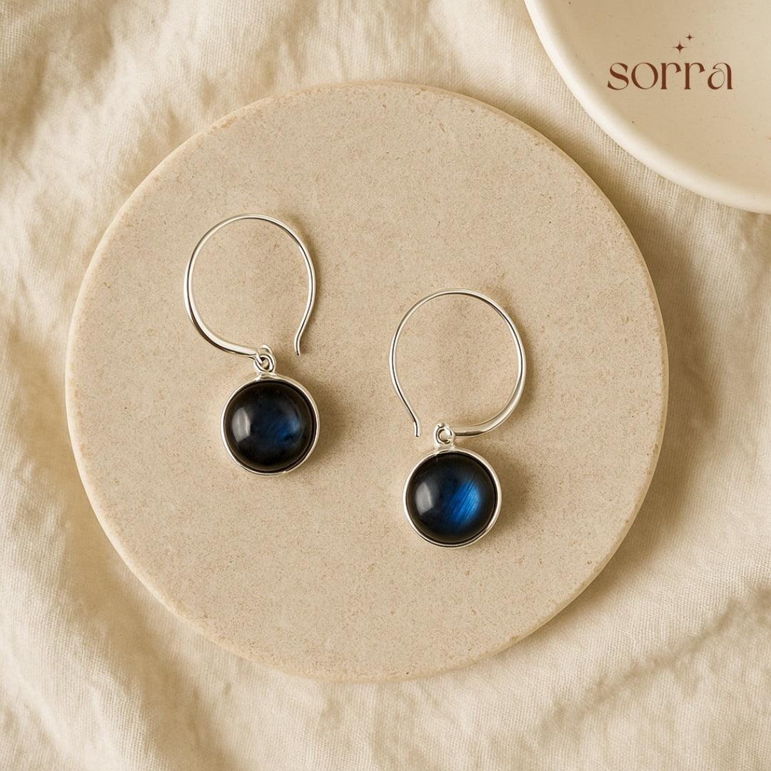 Blue Stone Round Drop Earrings | 925 Silver