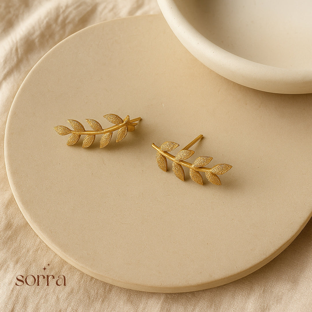 Golden Leaf Ear Climber Earrings | 925 Silver