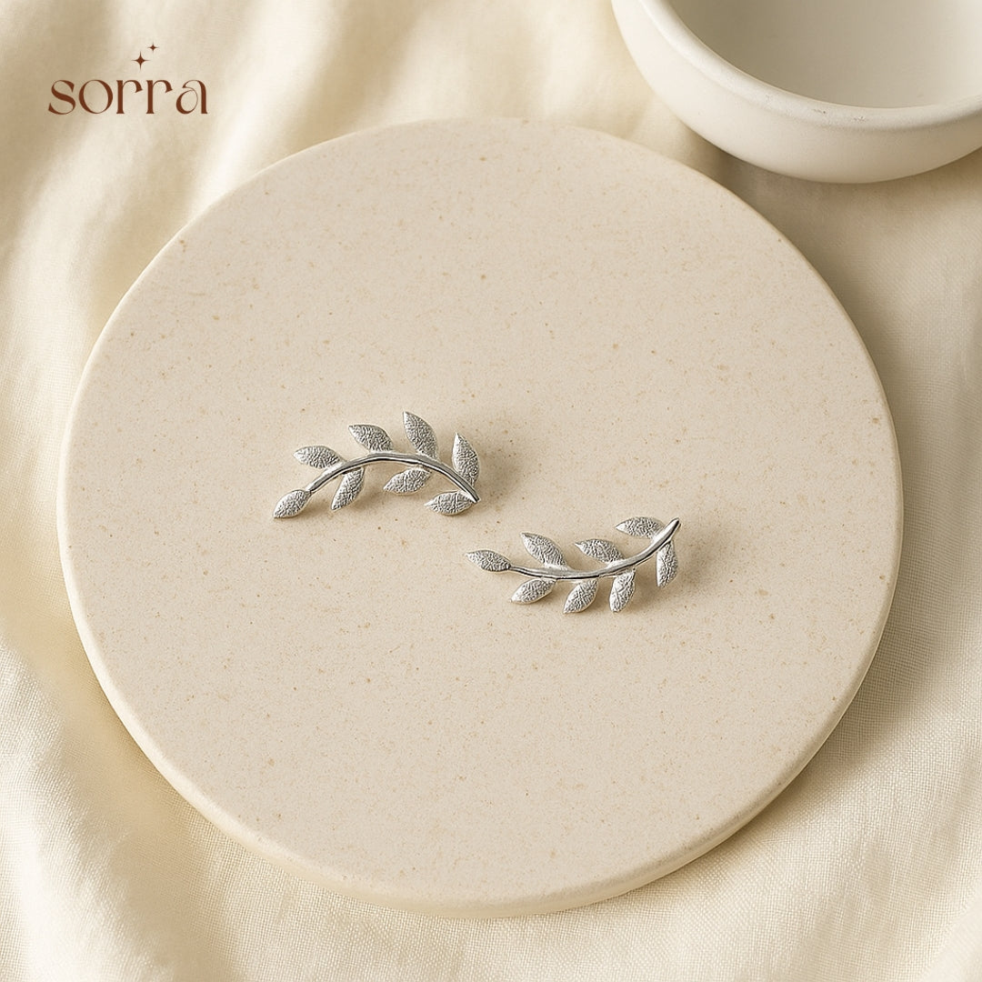 Silver Leaf Ear Climber Earrings | 925 Silver