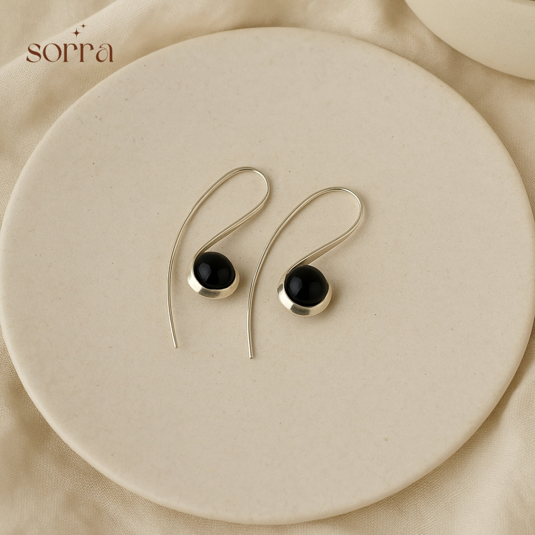 Silver Curve Drop Earrings – Midnight Black | 925 Silver