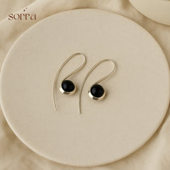 Silver Curve Drop Earrings – Midnight Black | 925 Silver