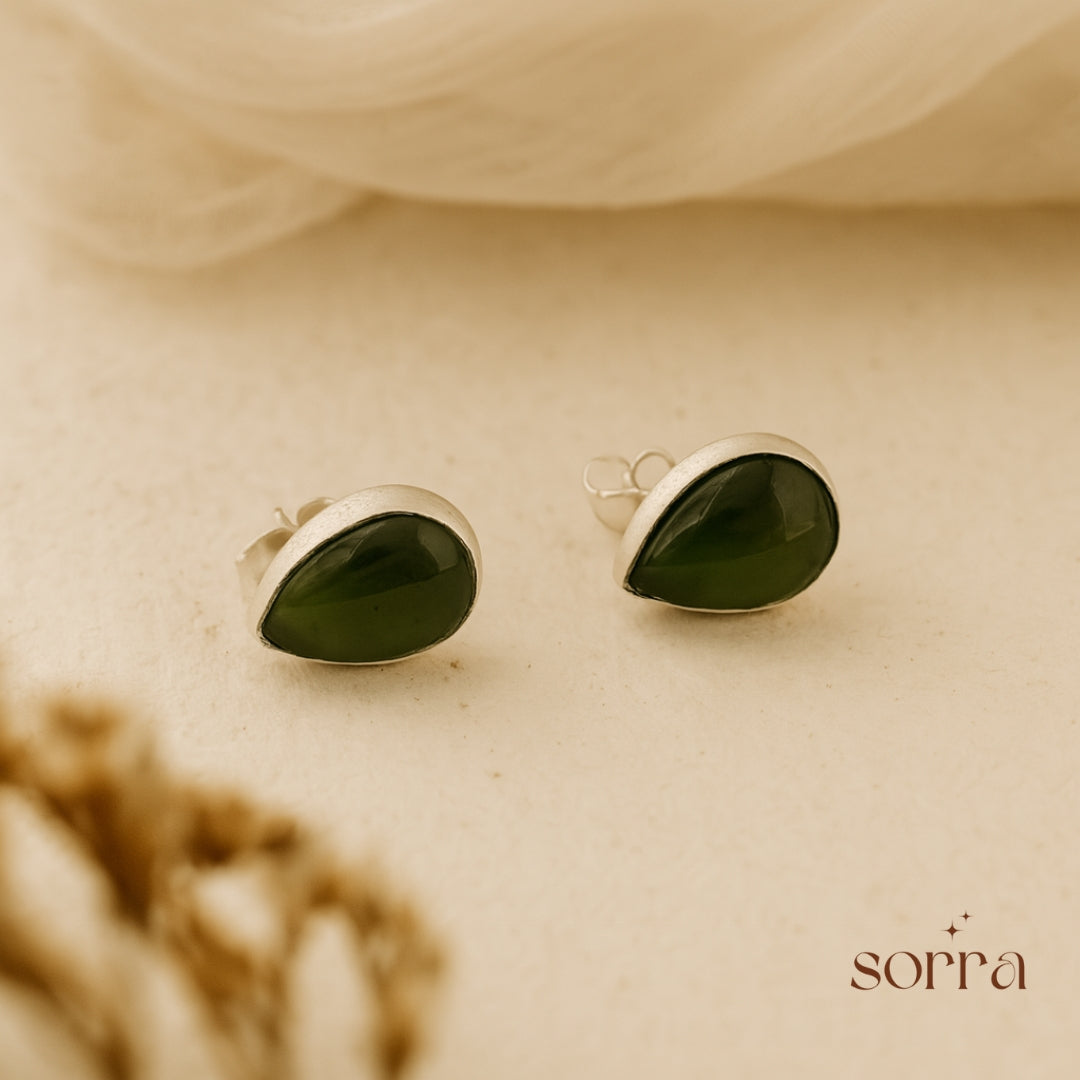 Green Teardrop Stone Stud Earrings | 925 Silver