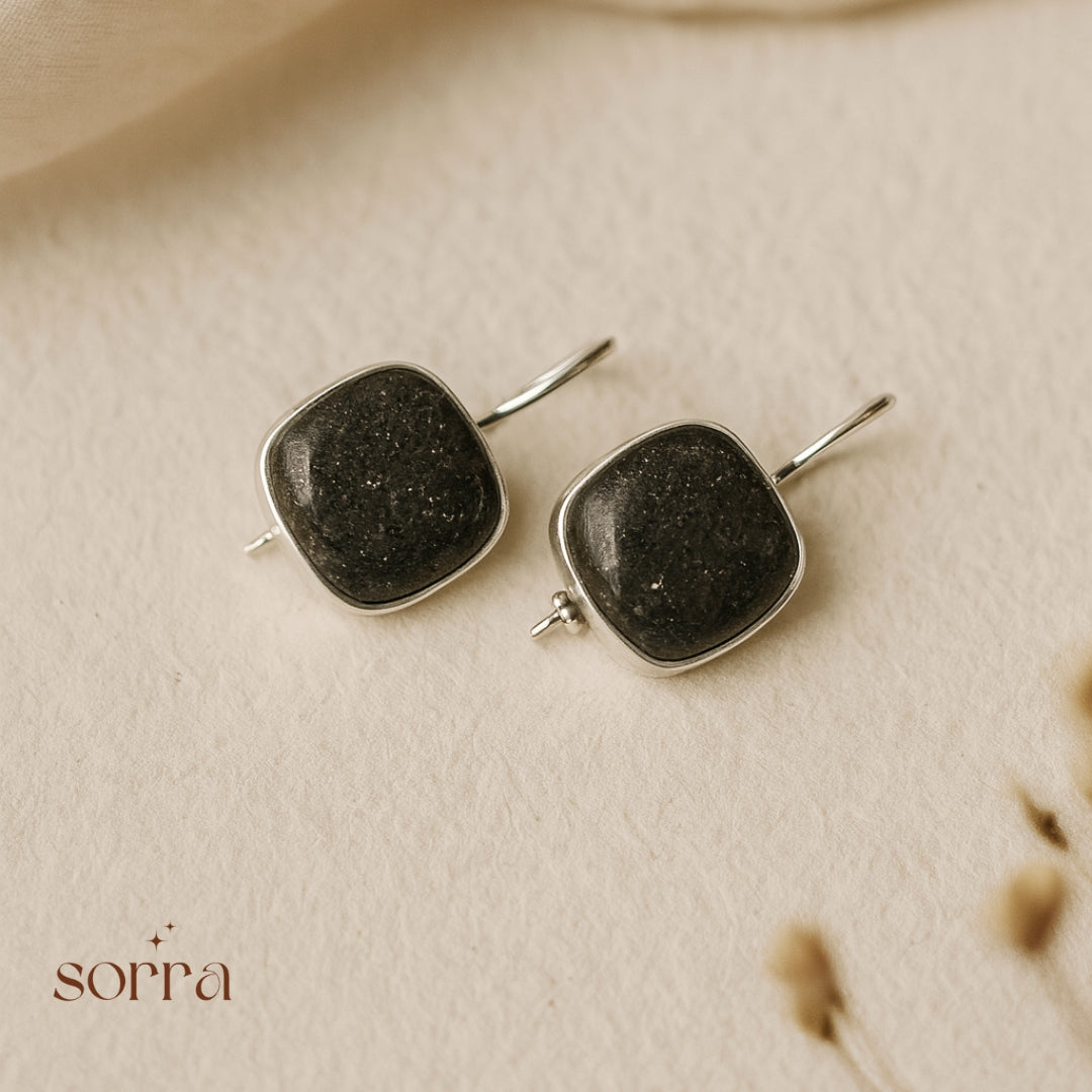 Black Stone Cushion Drop Earrings | 925 Silver