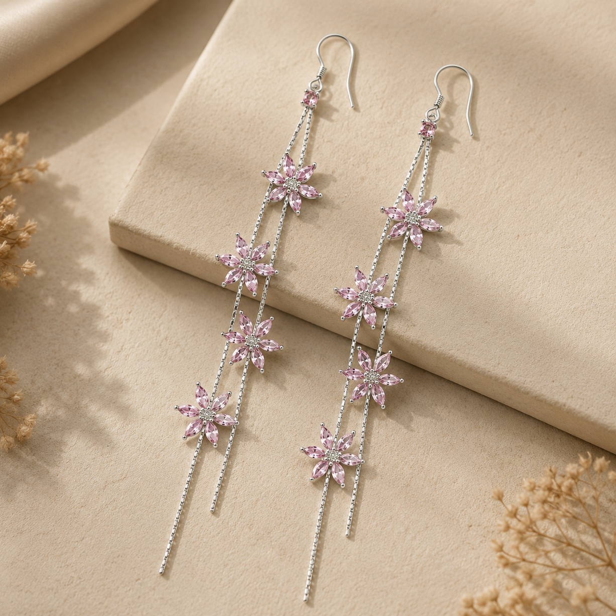 Pink Petal Cascade Earrings | 925 Silver