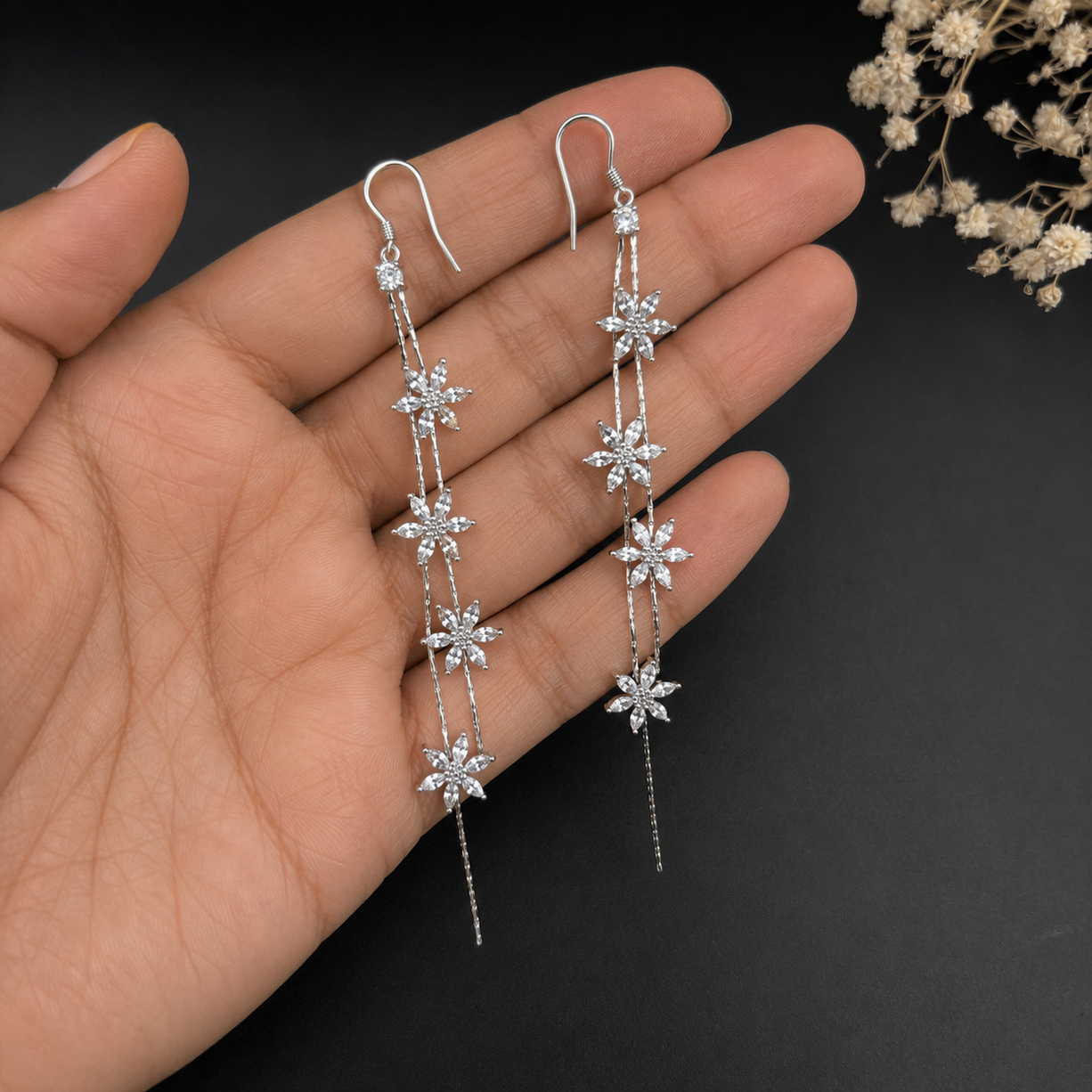 White Petal Cascade Earrings | 925 Silver