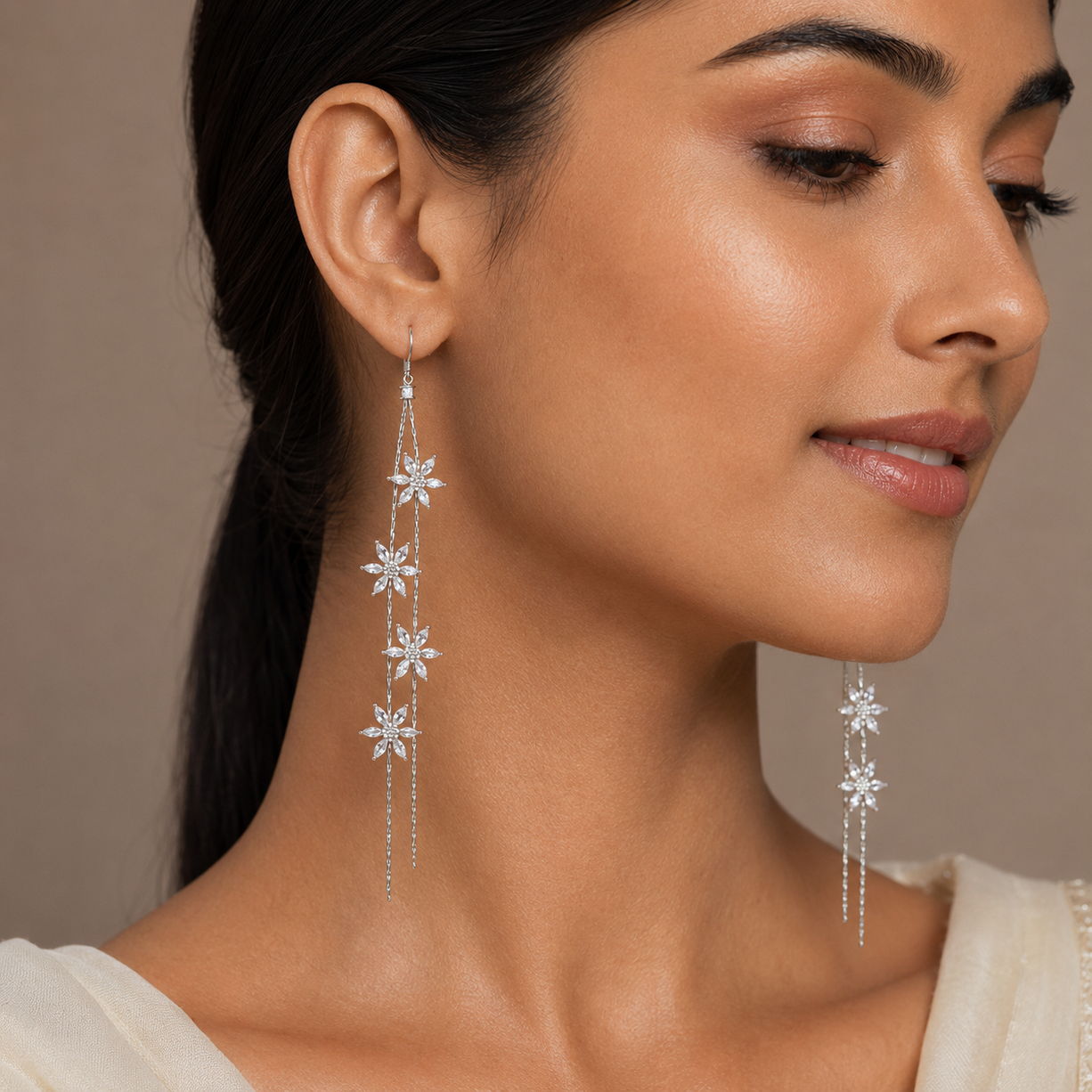 White Petal Cascade Earrings | 925 Silver