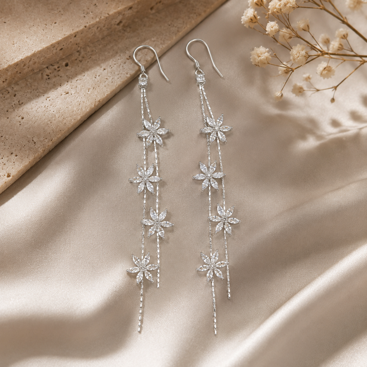 White Petal Cascade Earrings | 925 Silver