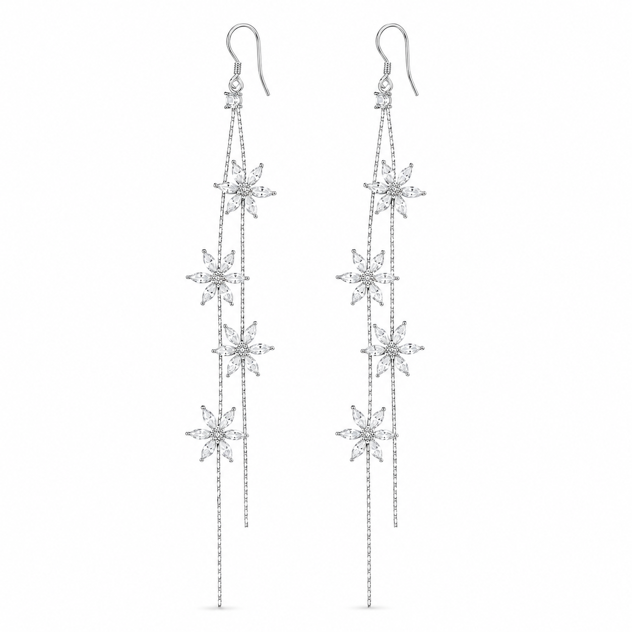 White Petal Cascade Earrings | 925 Silver