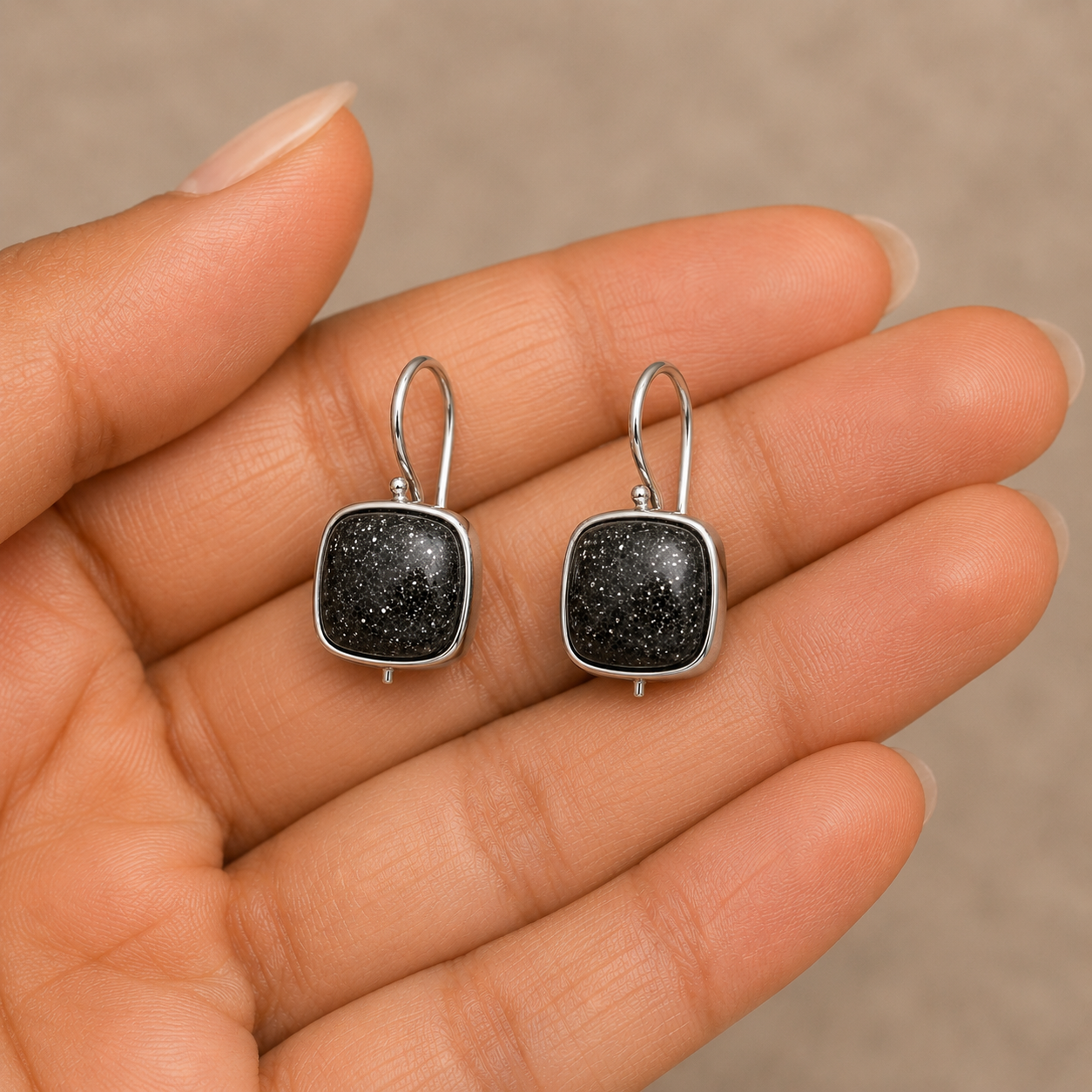 Black Stone Cushion Drop Earrings | 925 Silver