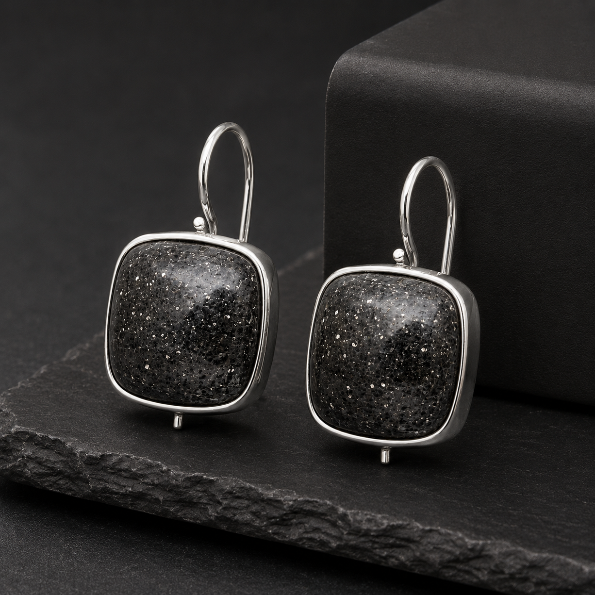 Black Stone Cushion Drop Earrings | 925 Silver