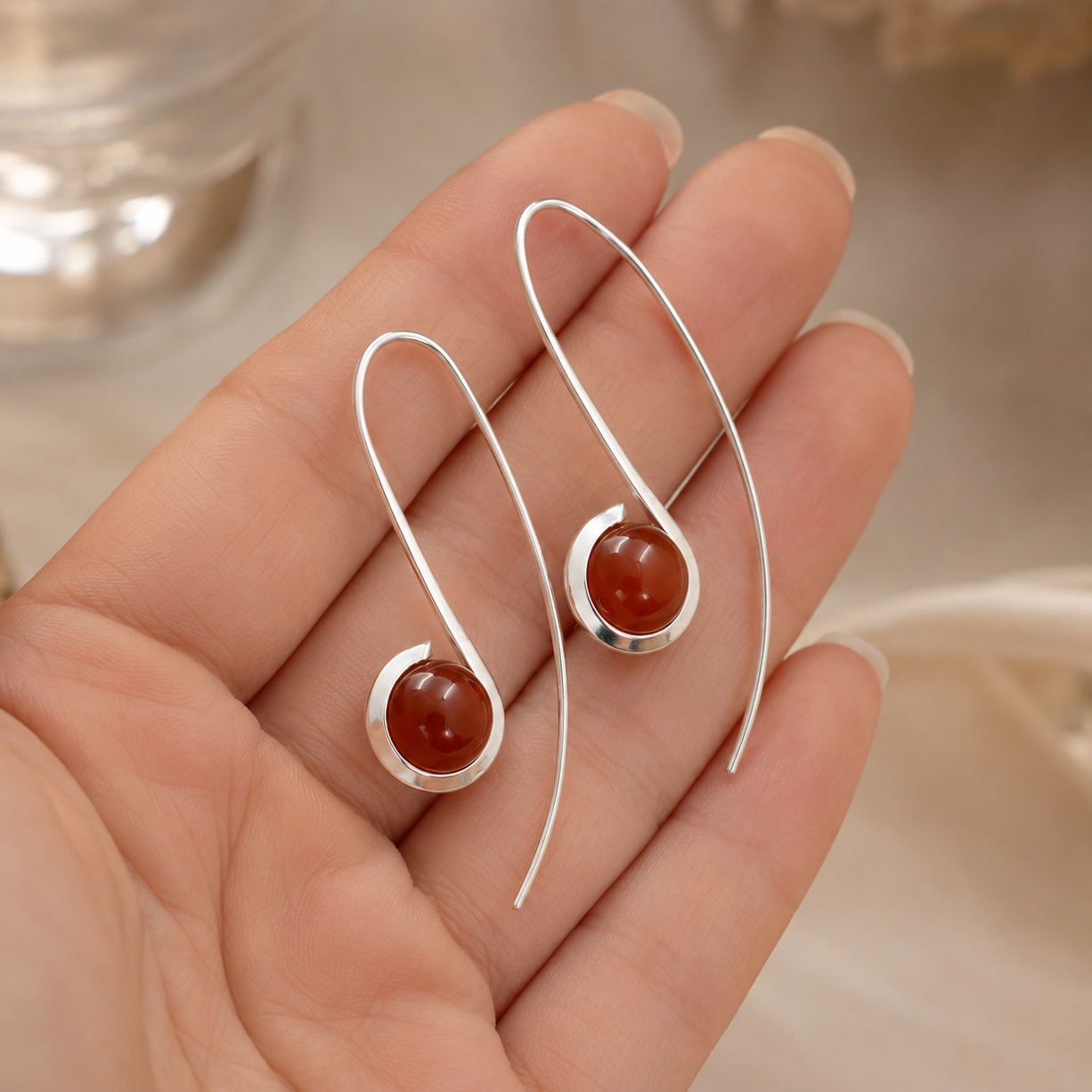 Silver Curve Drop Earrings – Red | 925 Silver