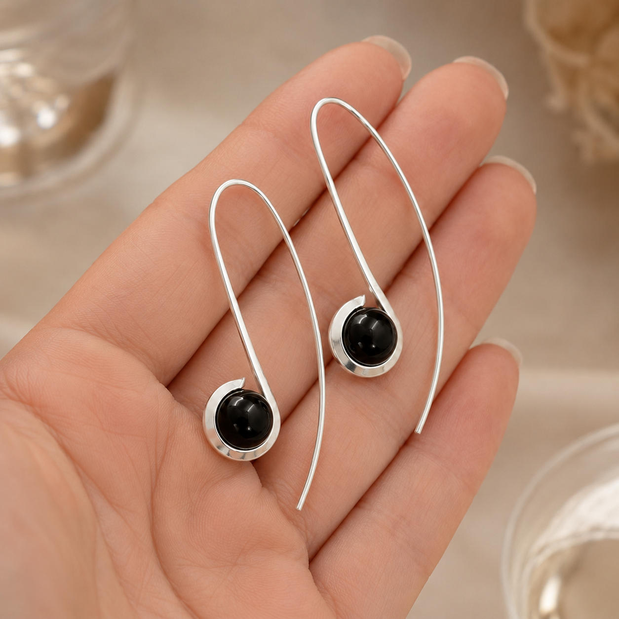 Silver Curve Drop Earrings – Midnight Black | 925 Silver
