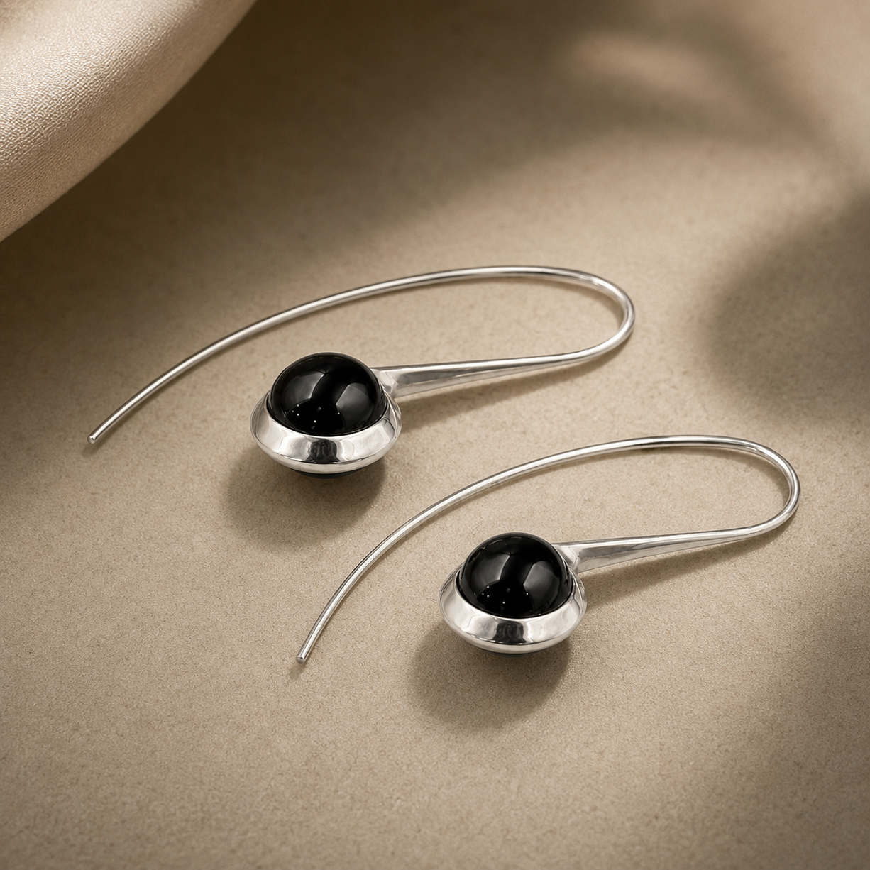 Silver Curve Drop Earrings – Midnight Black | 925 Silver