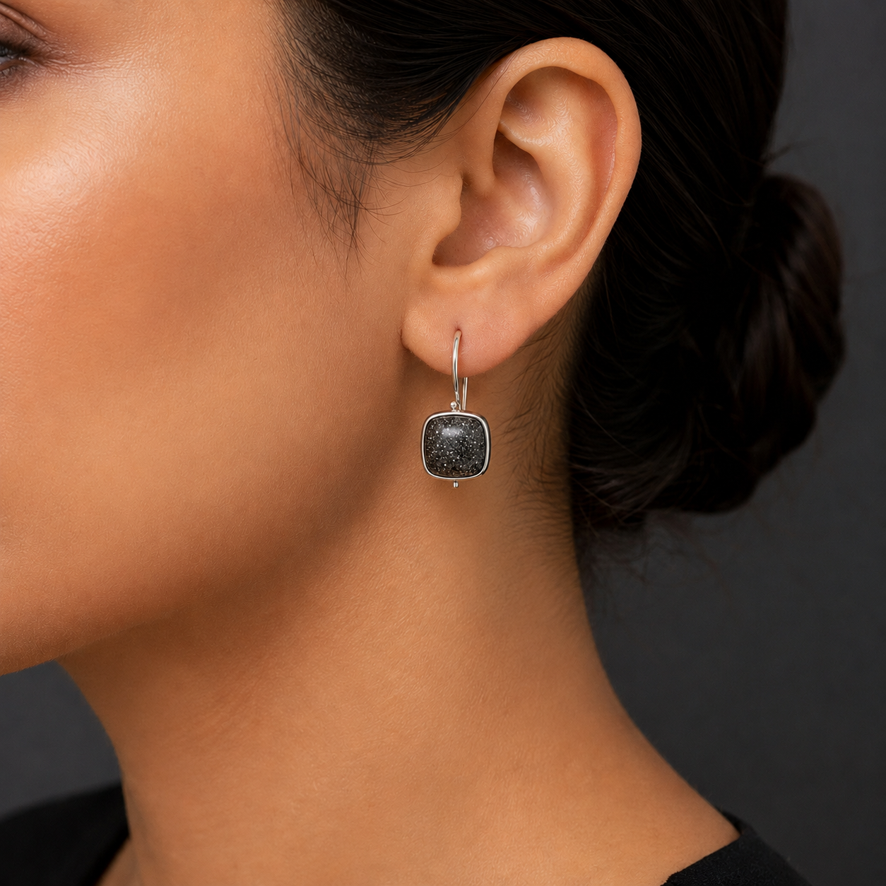 Black Stone Cushion Drop Earrings | 925 Silver