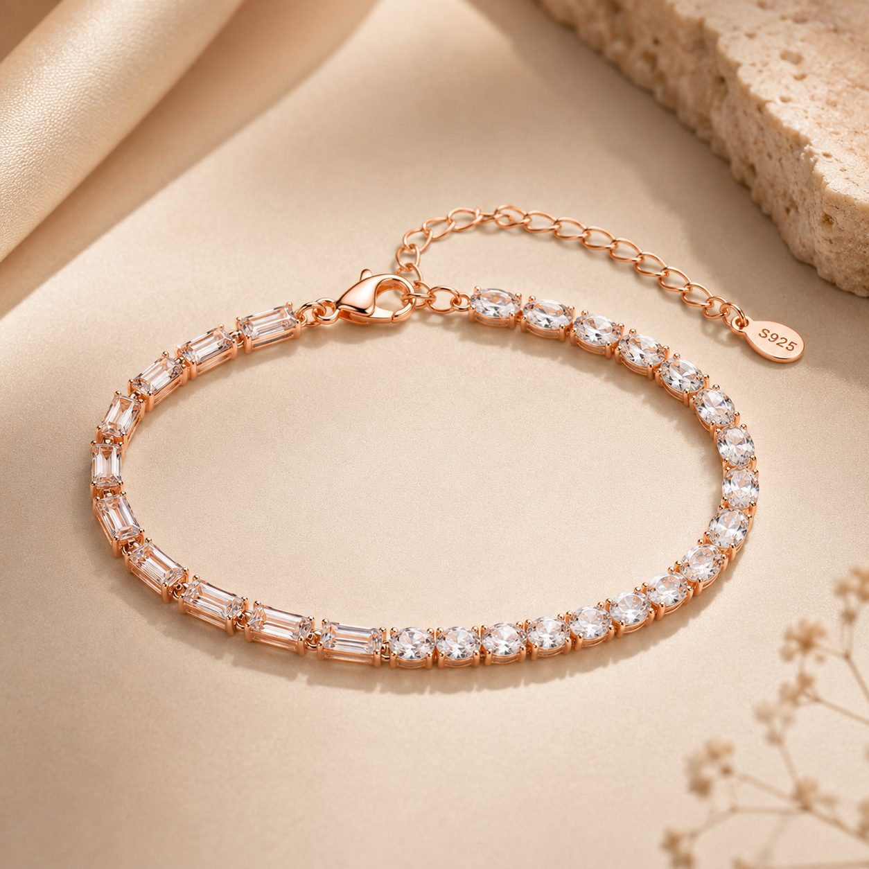 Crystal Square Gold Tennis Bracelet | 925 Silver