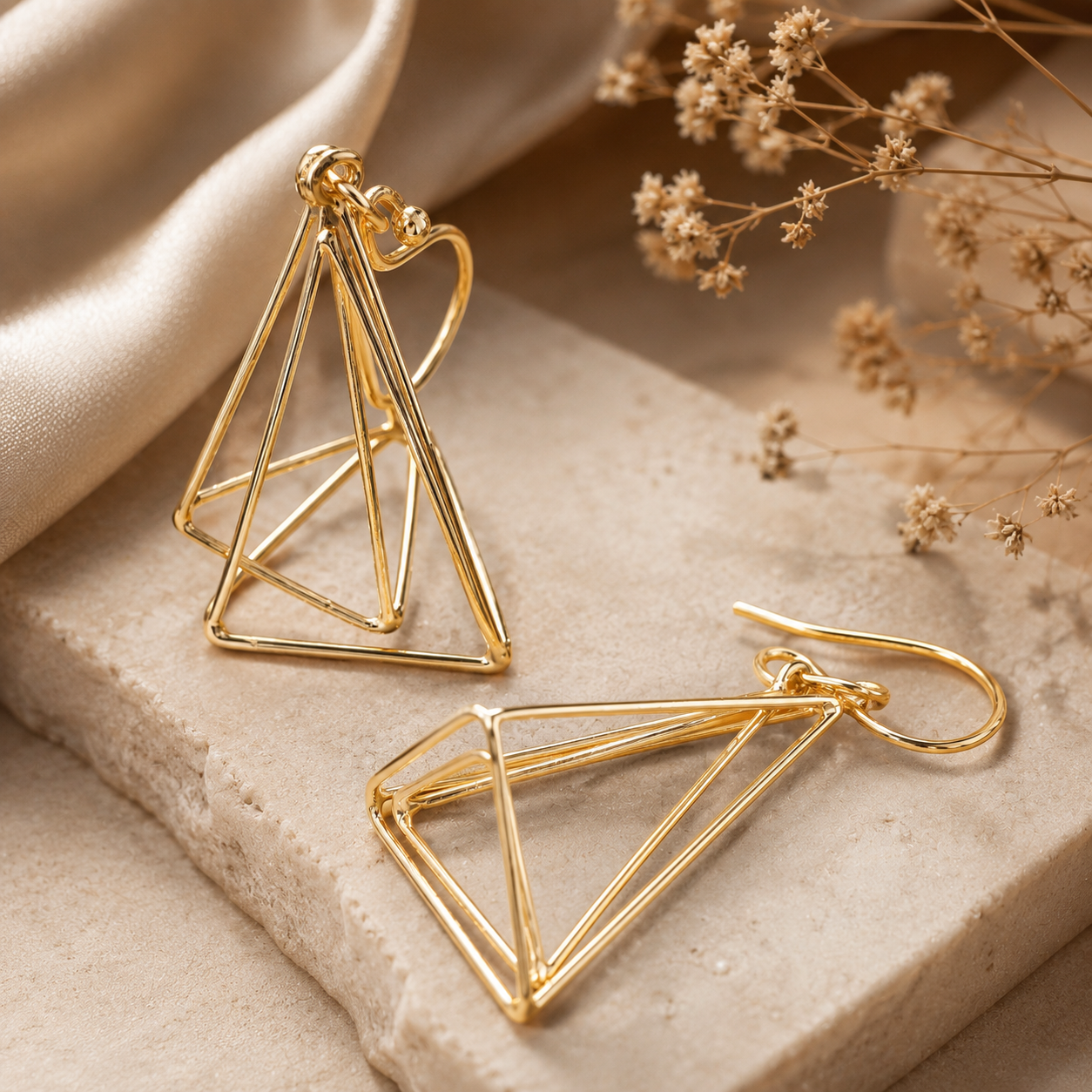 Golden Geometric Layered Drop Earrings | 925 Silver