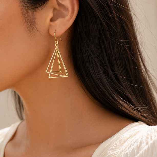 Golden Geometric Layered Drop Earrings | 925 Silver