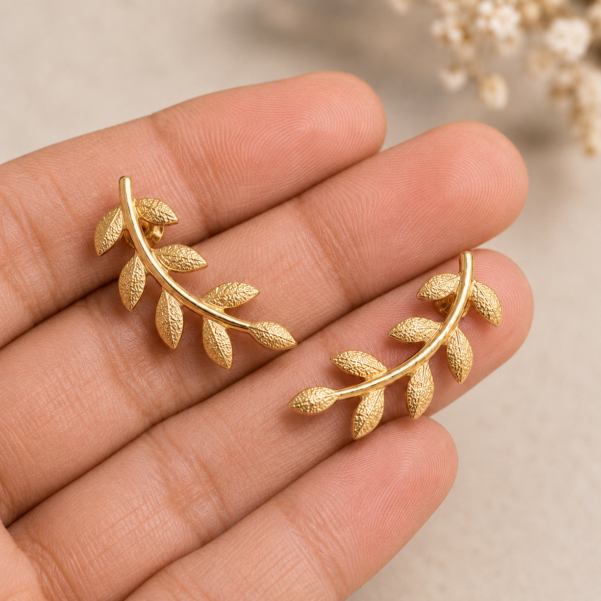 Golden Leaf Ear Climber Earrings | 925 Silver