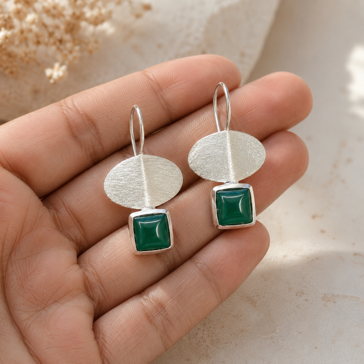 Green Silver Danglers | 925 Silver