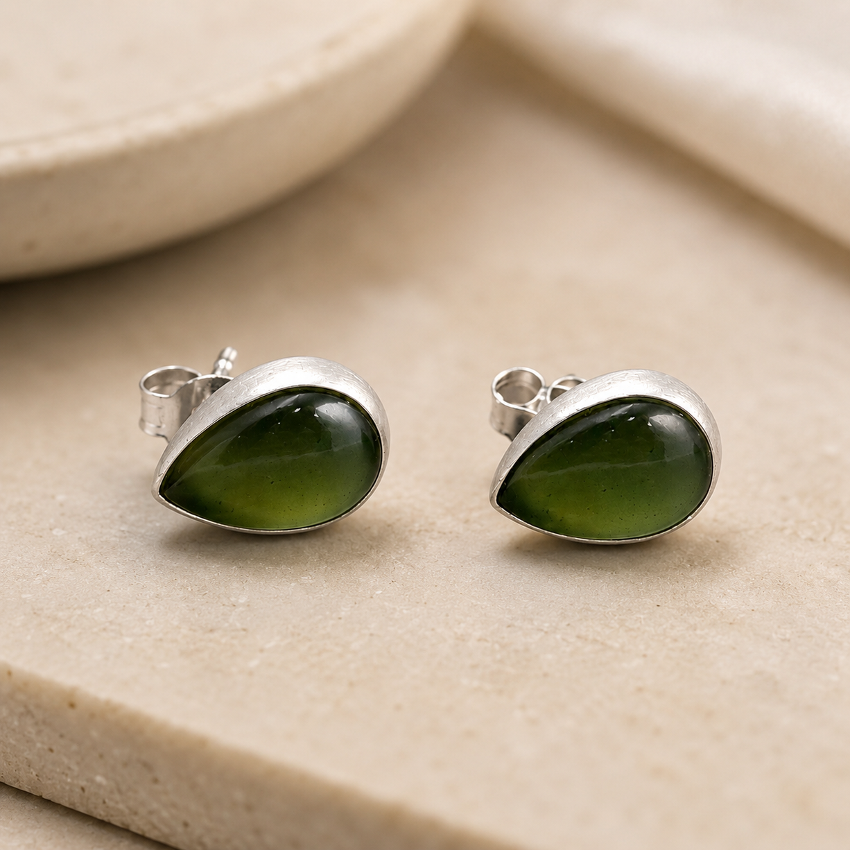 Green Teardrop Stone Stud Earrings | 925 Silver
