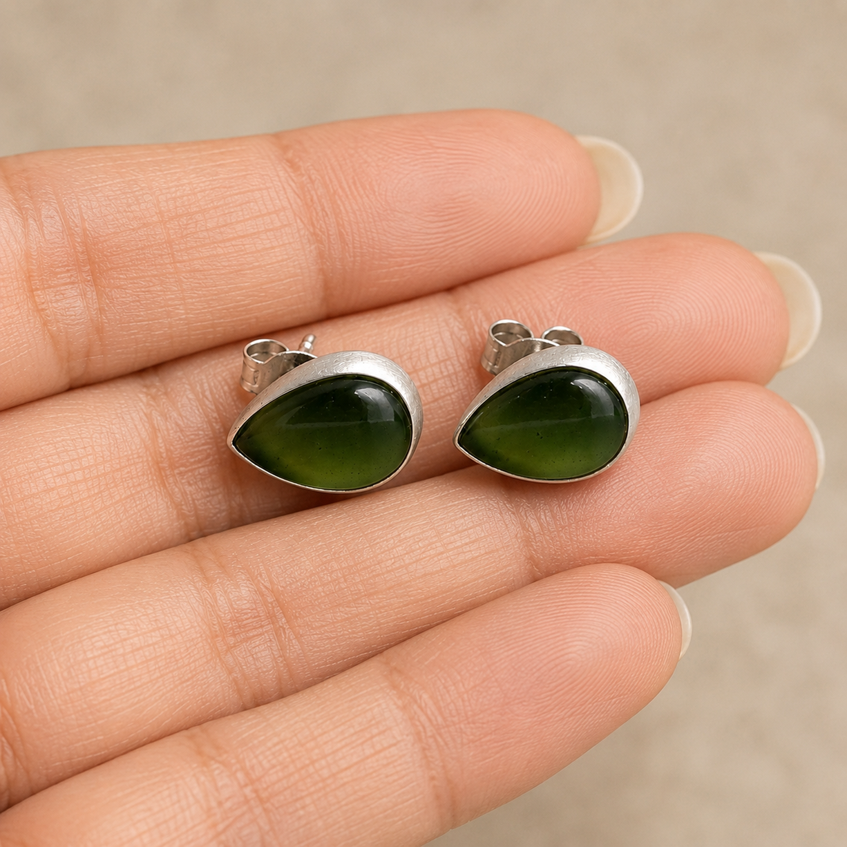 Green Teardrop Stone Stud Earrings | 925 Silver