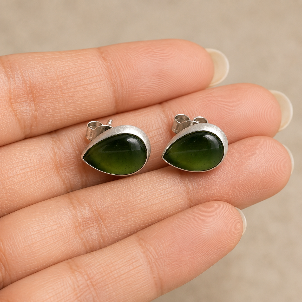 Green Teardrop Stone Stud Earrings | 925 Silver