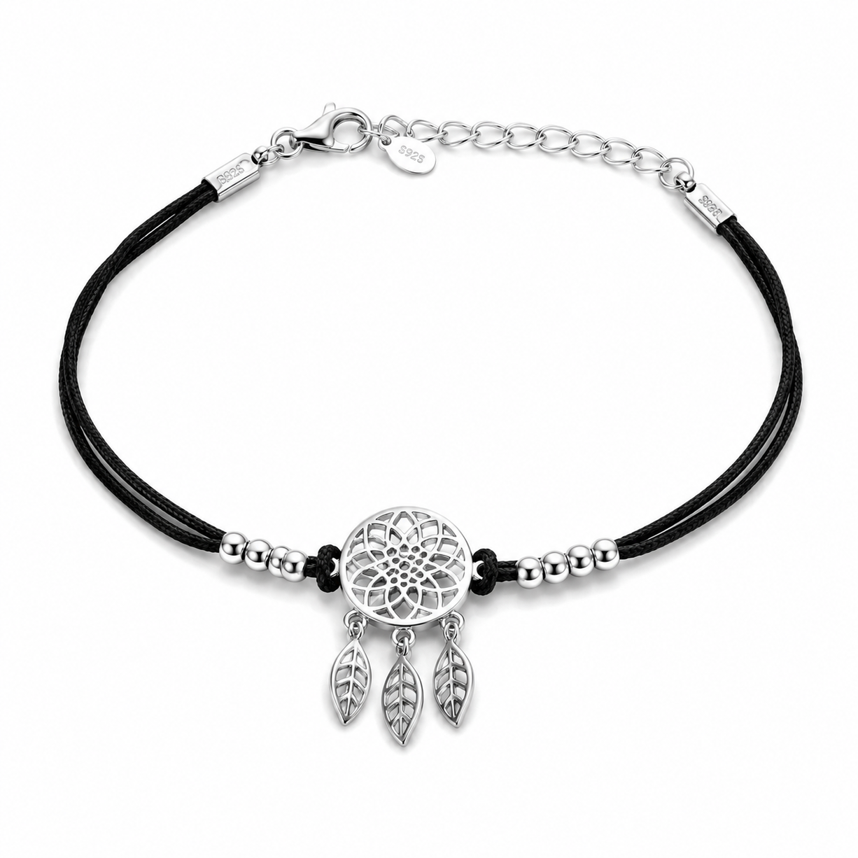 Leaf Charm Black Bracelet | 925 Silver