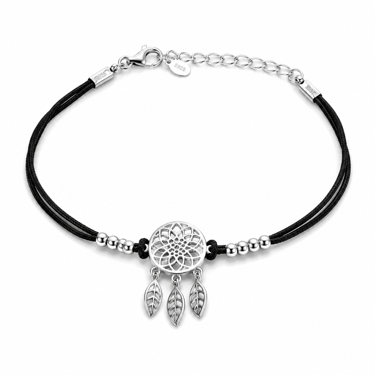 Leaf Charm Black Bracelet | 925 Silver