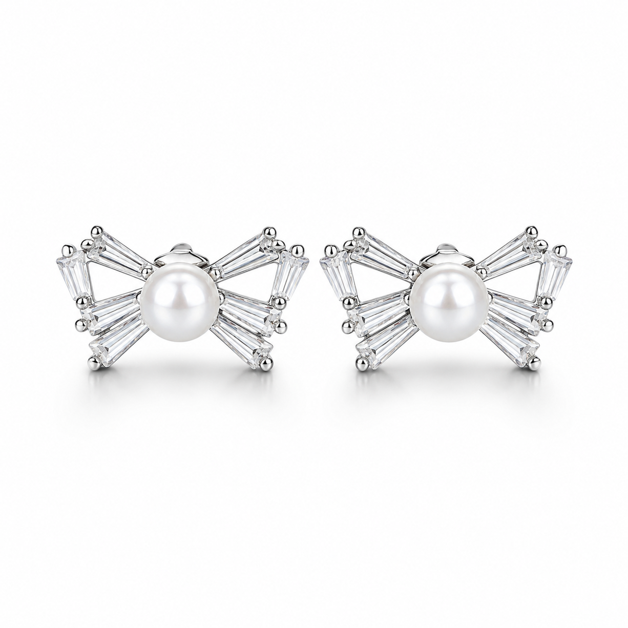 Pearl-Tied Sparkling Bow Stud Set Earrings | 925 Silver