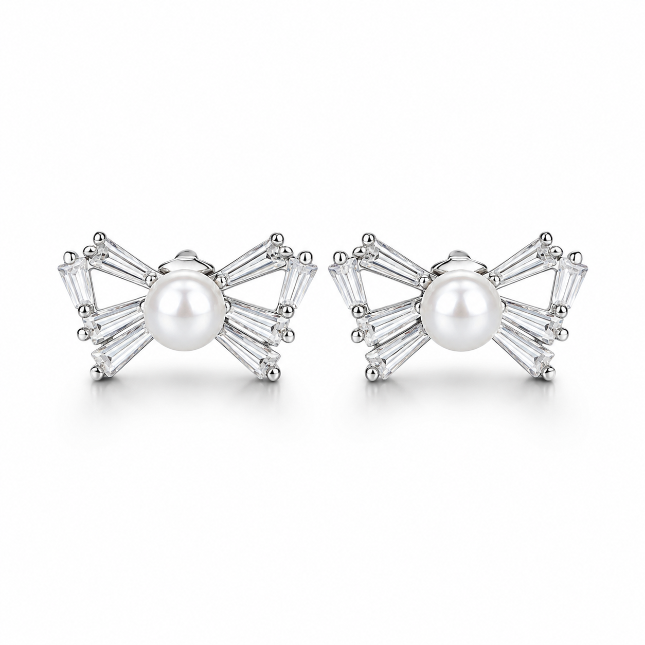 Pearl-Tied Sparkling Bow Stud Set Earrings | 925 Silver